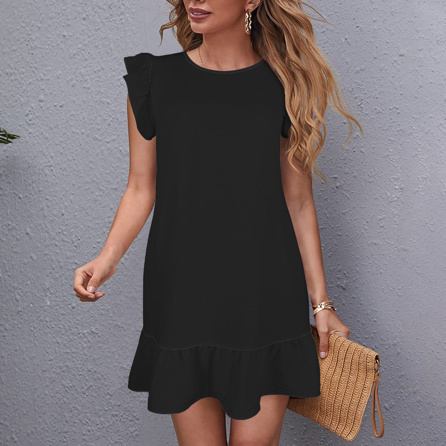 Round Neck Ruched Sleeve Ruffle Hem Dress Black