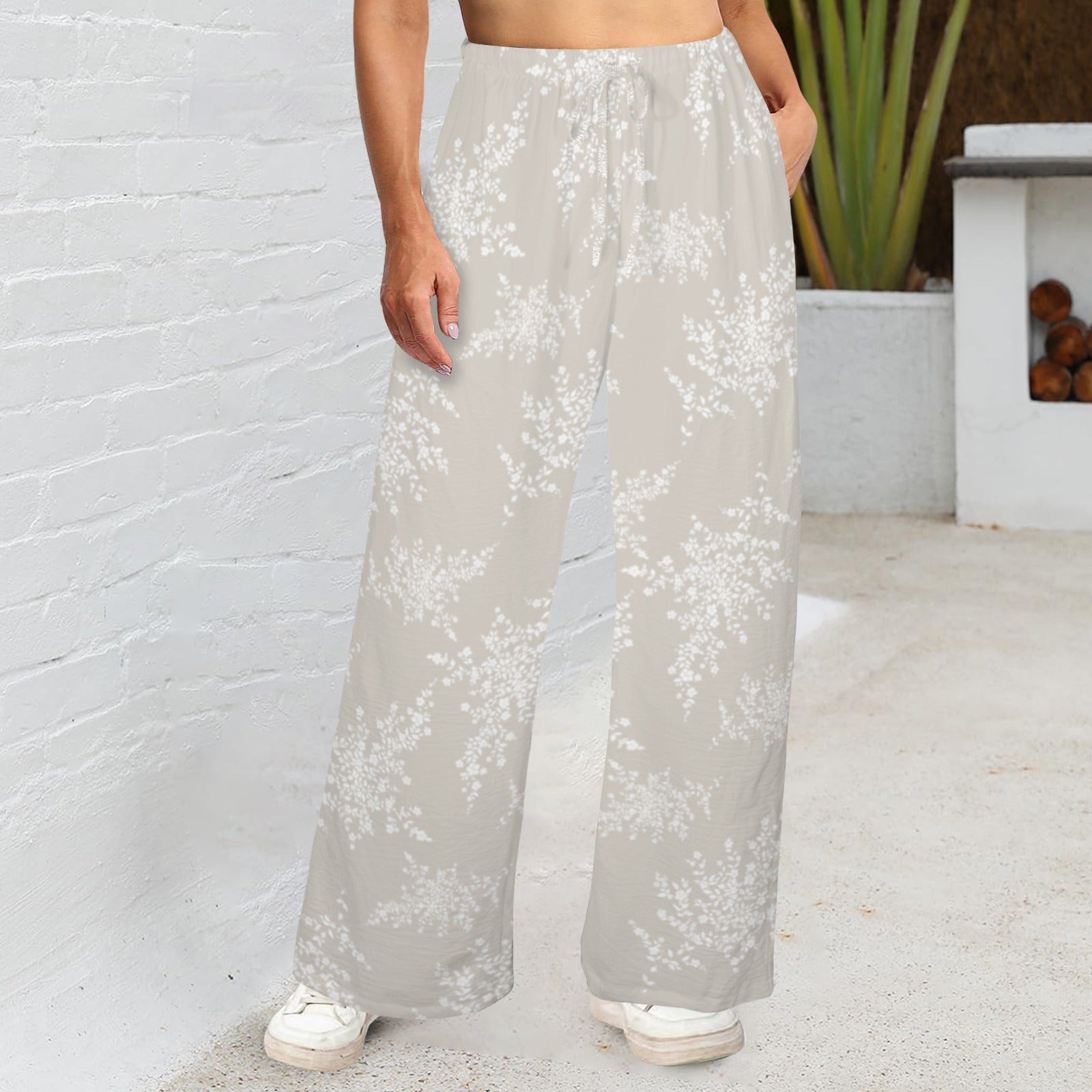 White & Light Tan Floral Clusters Print Wide Leg Pants with Pockets