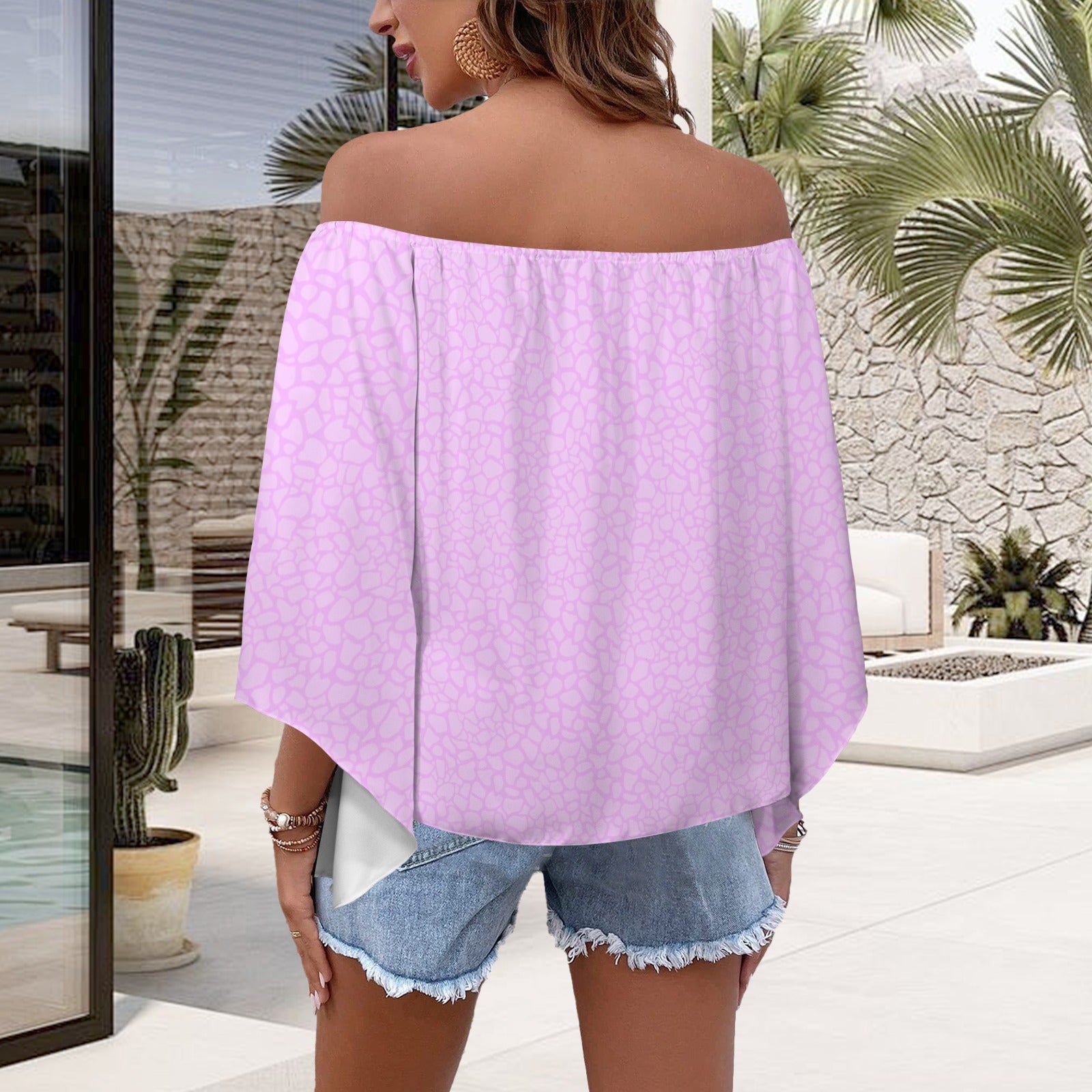 Off Shoulder Trumpet Sleeve Blouse Petal Print