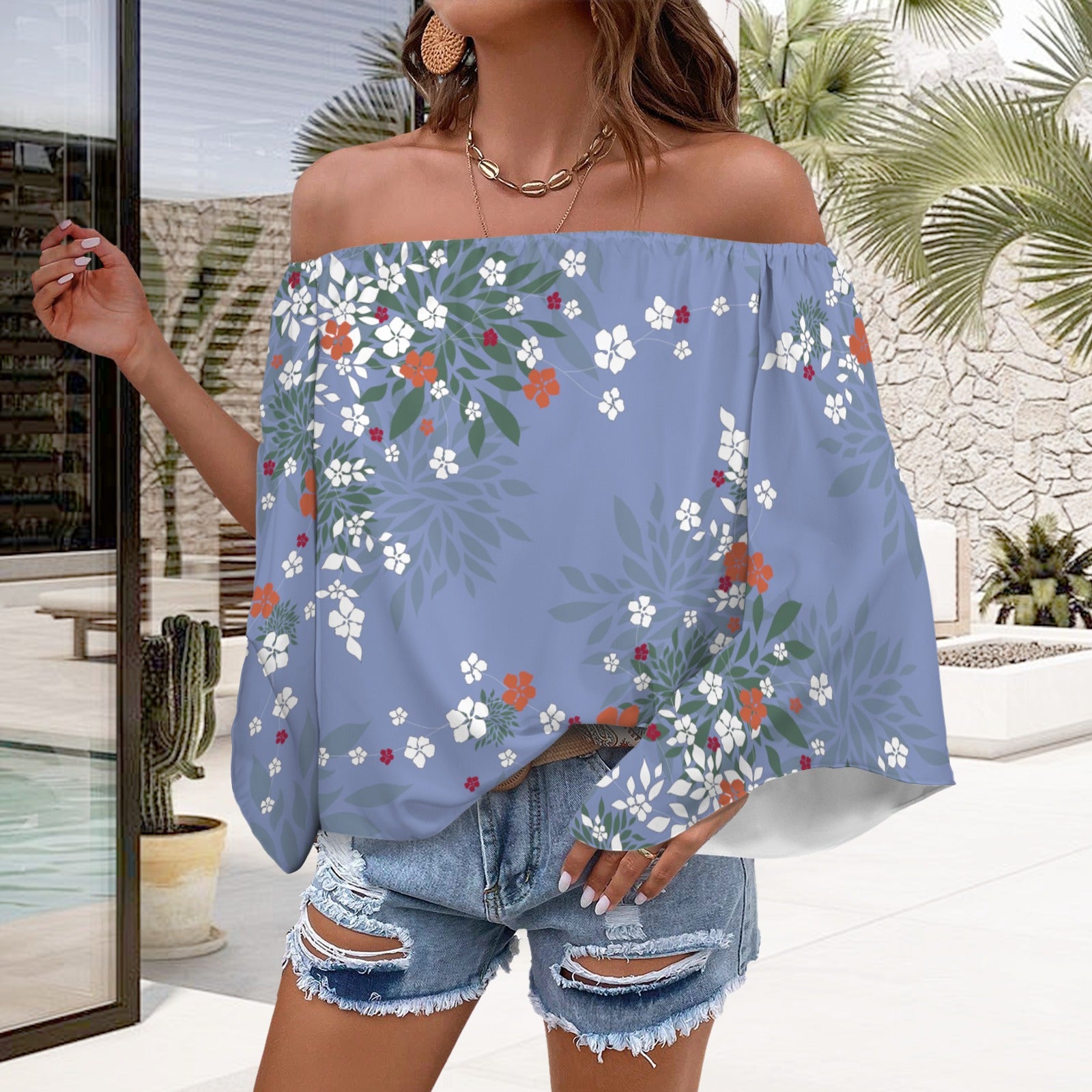 Off Shoulder Trumpet Sleeve Blouse Periwinkle Blue Blossom