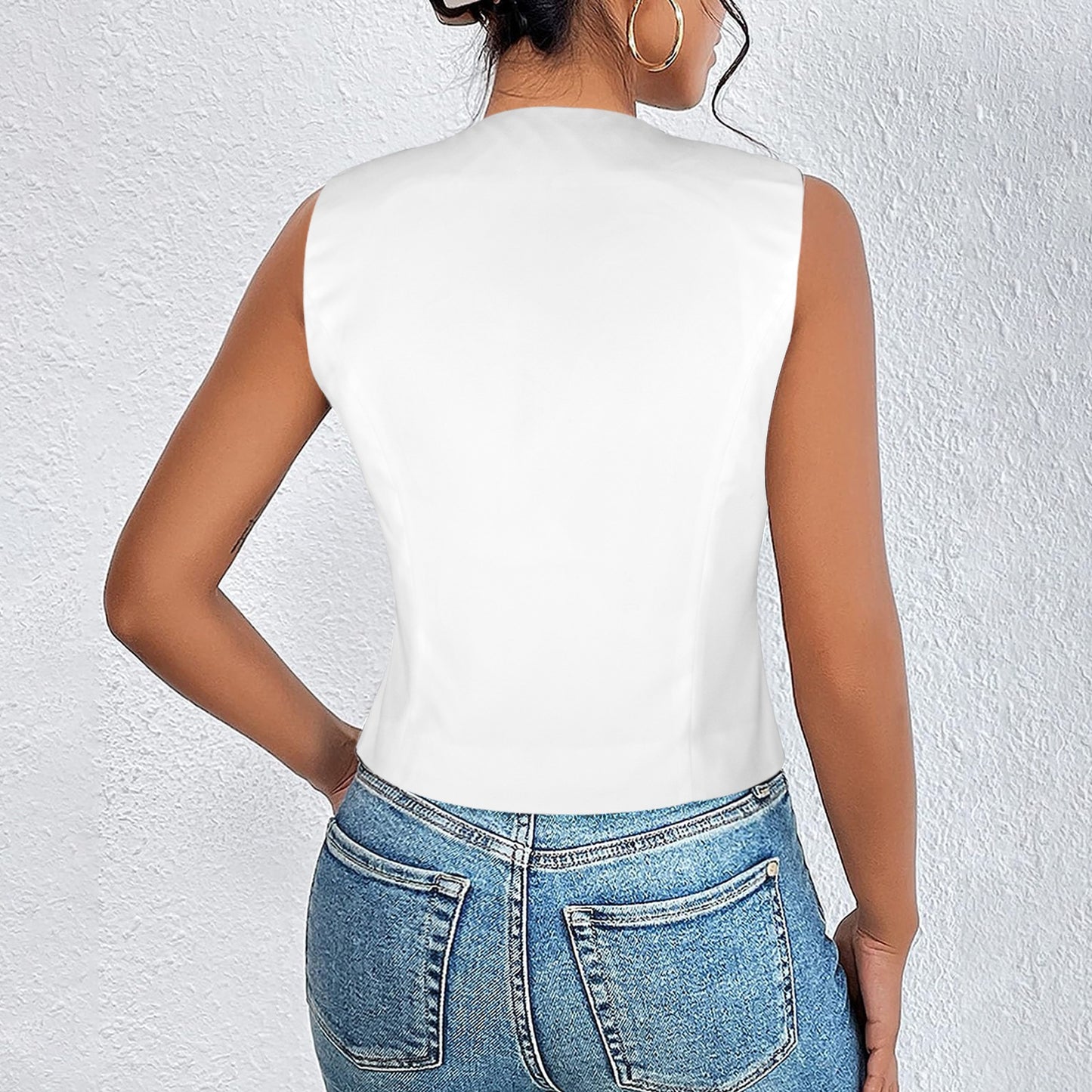 V-Neck Sleeveless Button Pocket Vest White