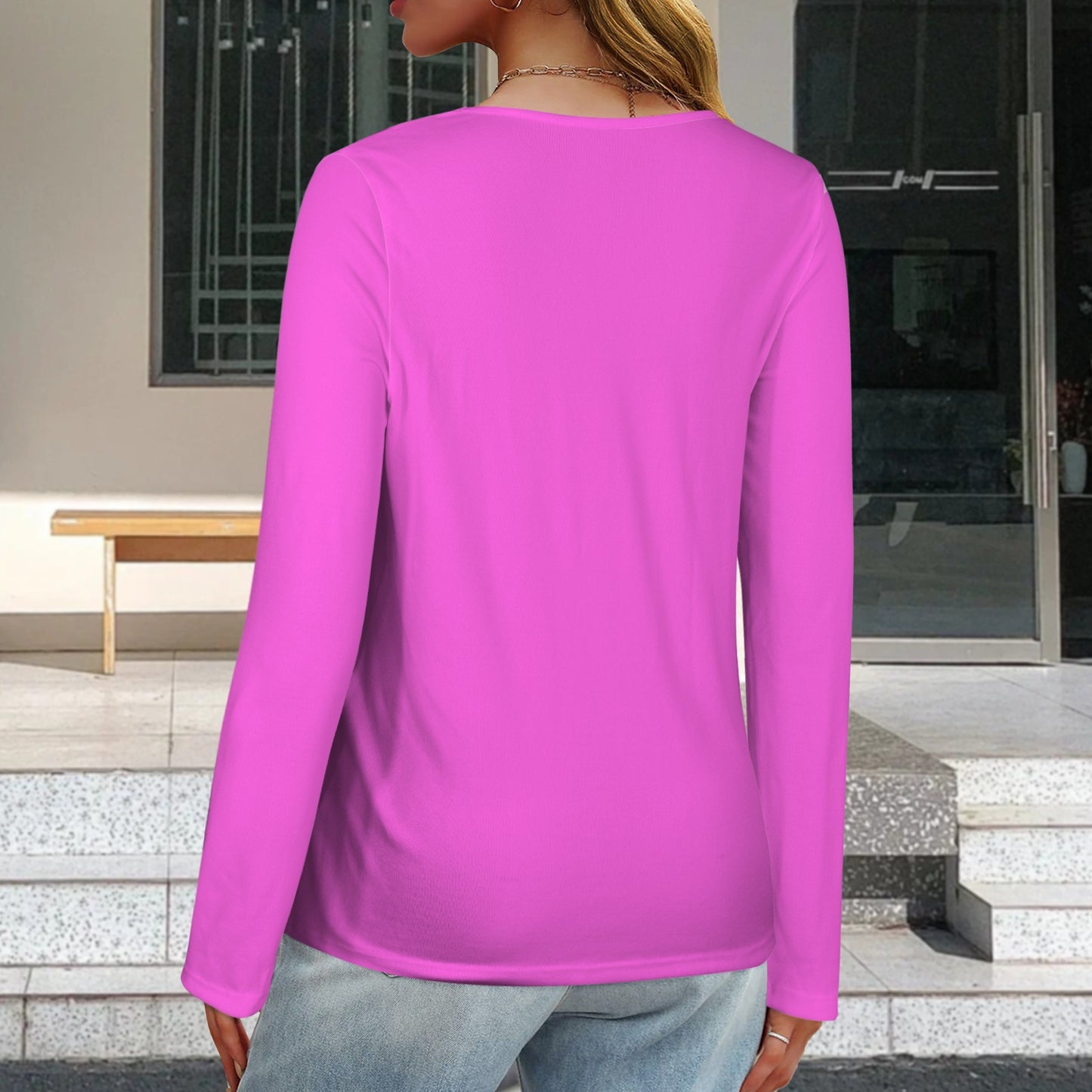 V Neck Long Sleeve Pullover Top Fuchsia