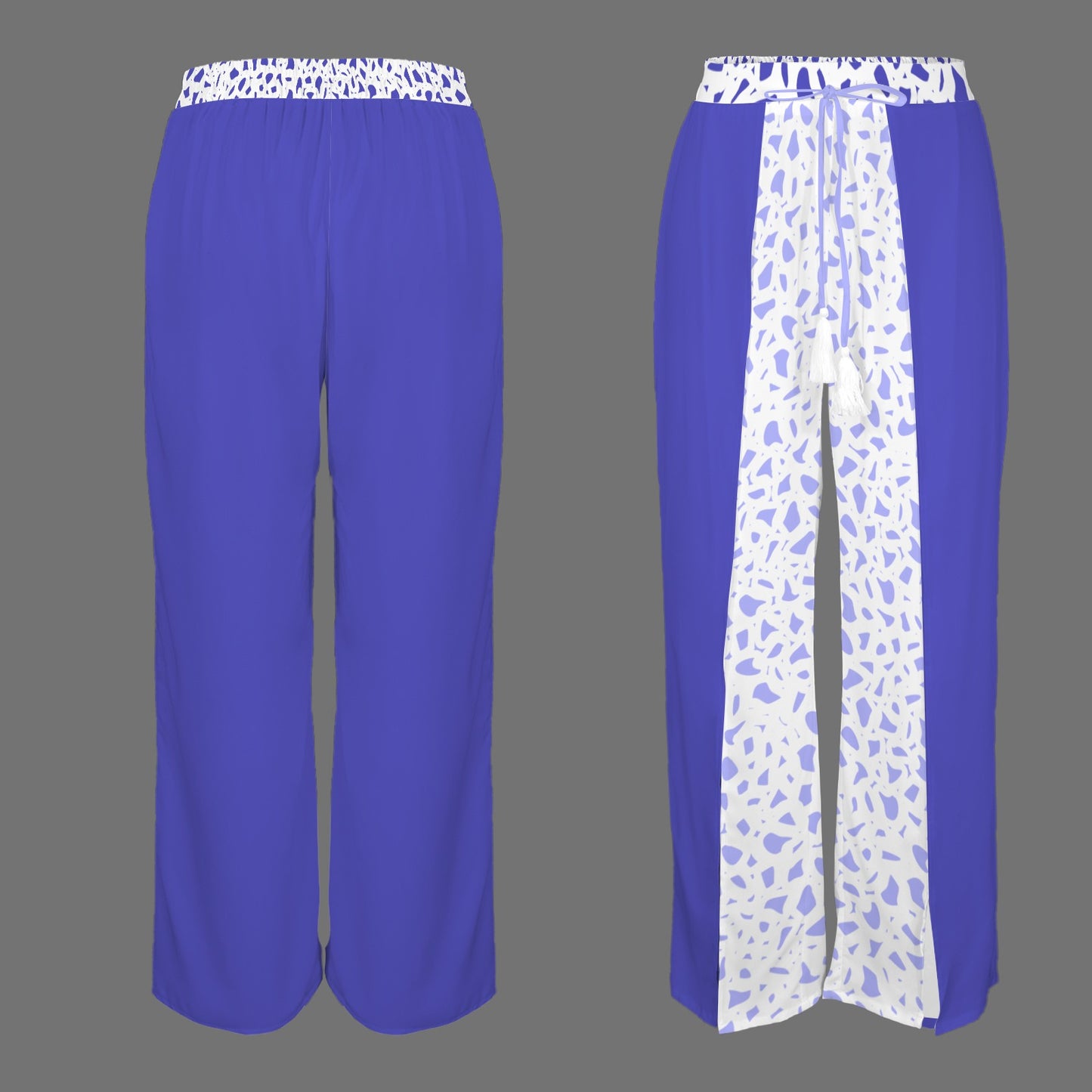 Tassel Tie Waist Split Wide Leg Pants Violet Blue & White Coral