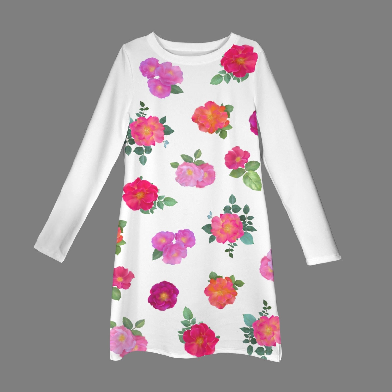 Casual Long Sleeve Dress White Rose Floral Print