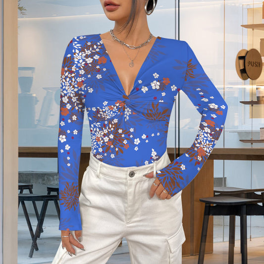 Twist V Neck Long Sleeve Slim Fit Top Blossom Blue