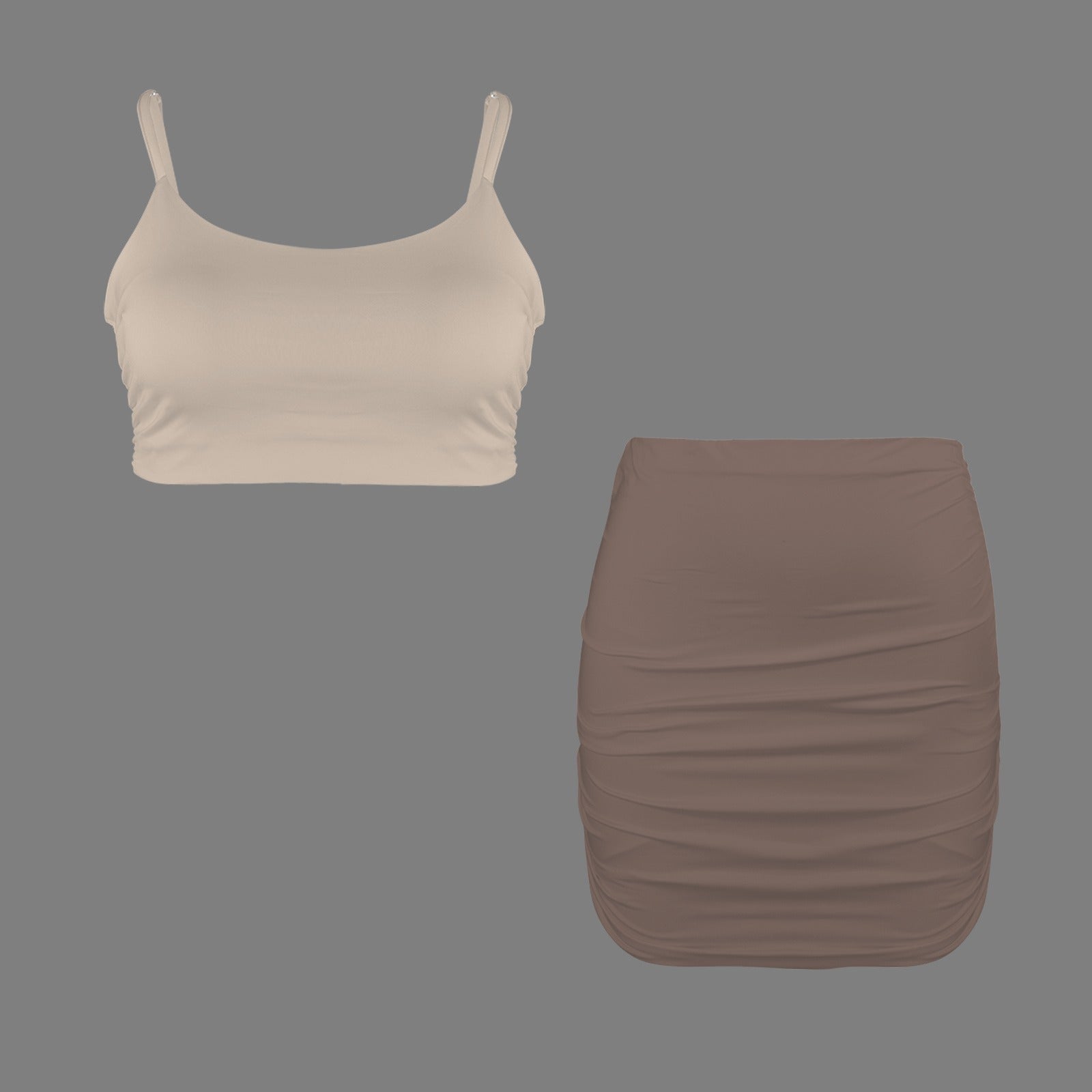 Neutral Beige Taupe Top & Ruched Bodycon Skirt