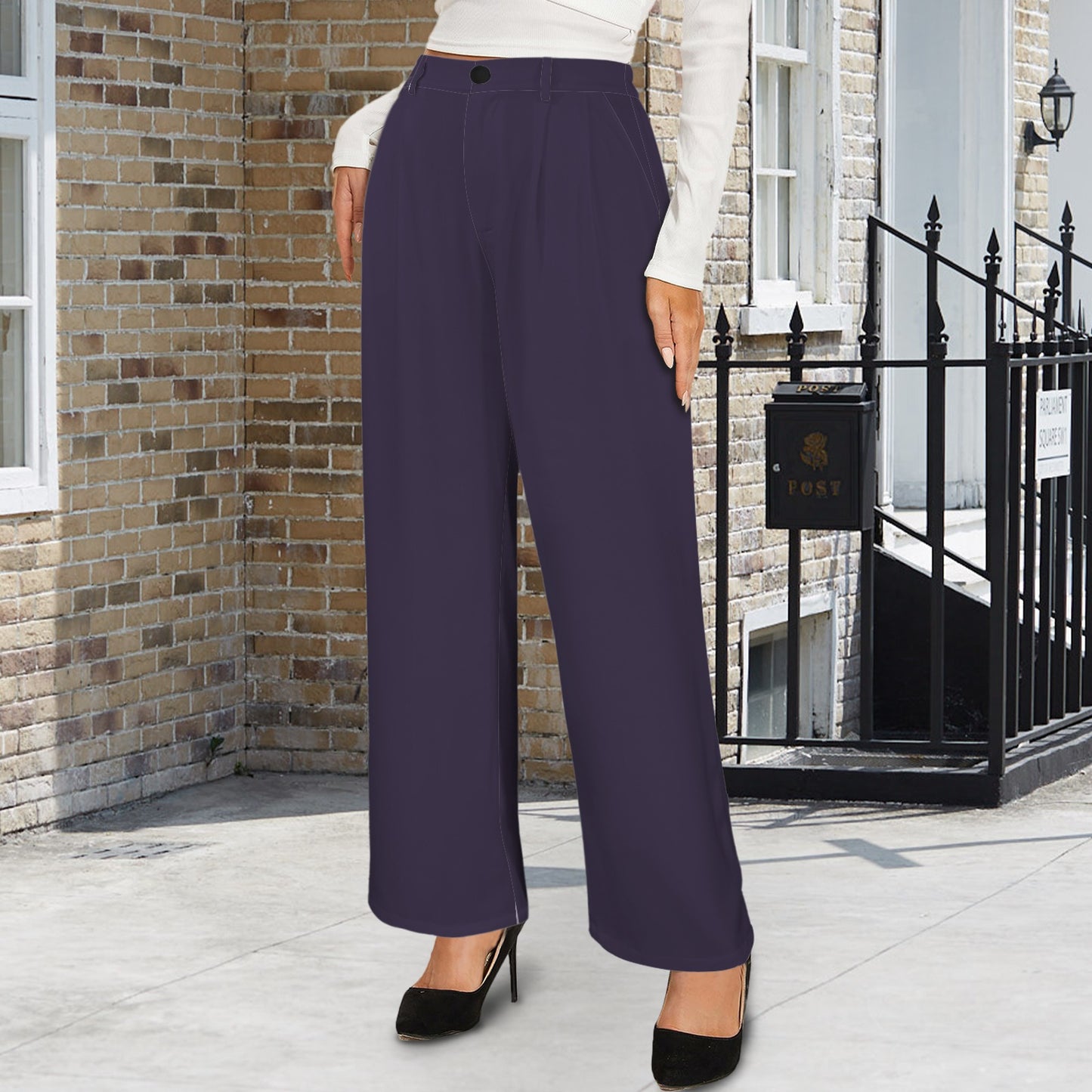 High Waist Long Straight Wide Leg Pants Dusted Darkest Plum