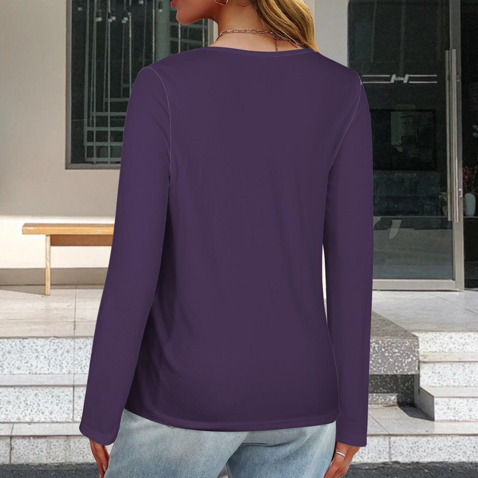 V Neck Long Sleeve Pullover Top Plum