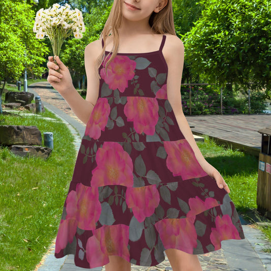 Spaghetti Strap Tiered Girls Dress Roses Dark Berry