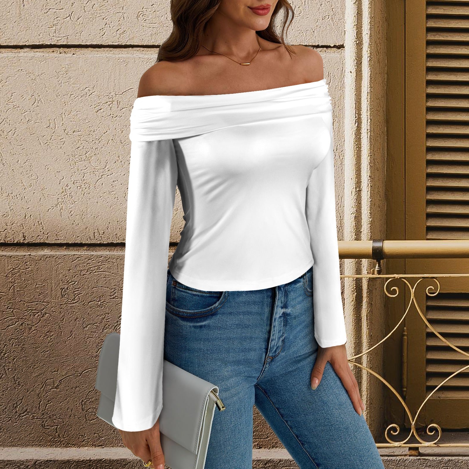 Off Shoulder Double Lined Long Sleeve T Shirts White