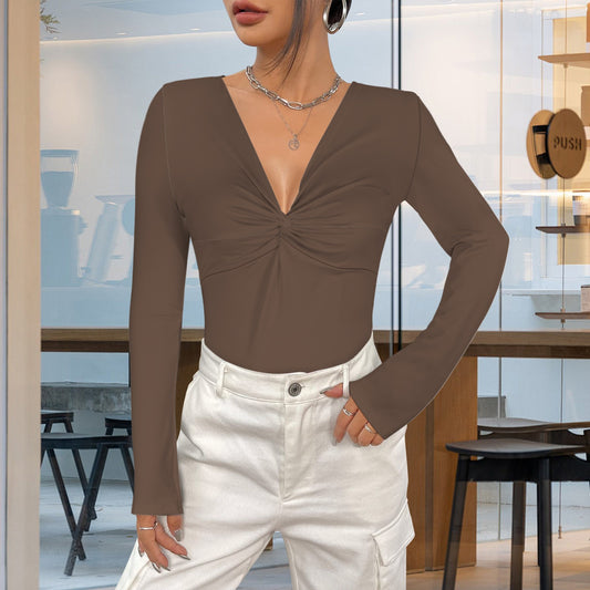 Mocha V Neck Long Sleeve Slim Fit Top