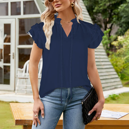 V-Neck Drawstring Ruffle Sleeve Blouse Night Blue