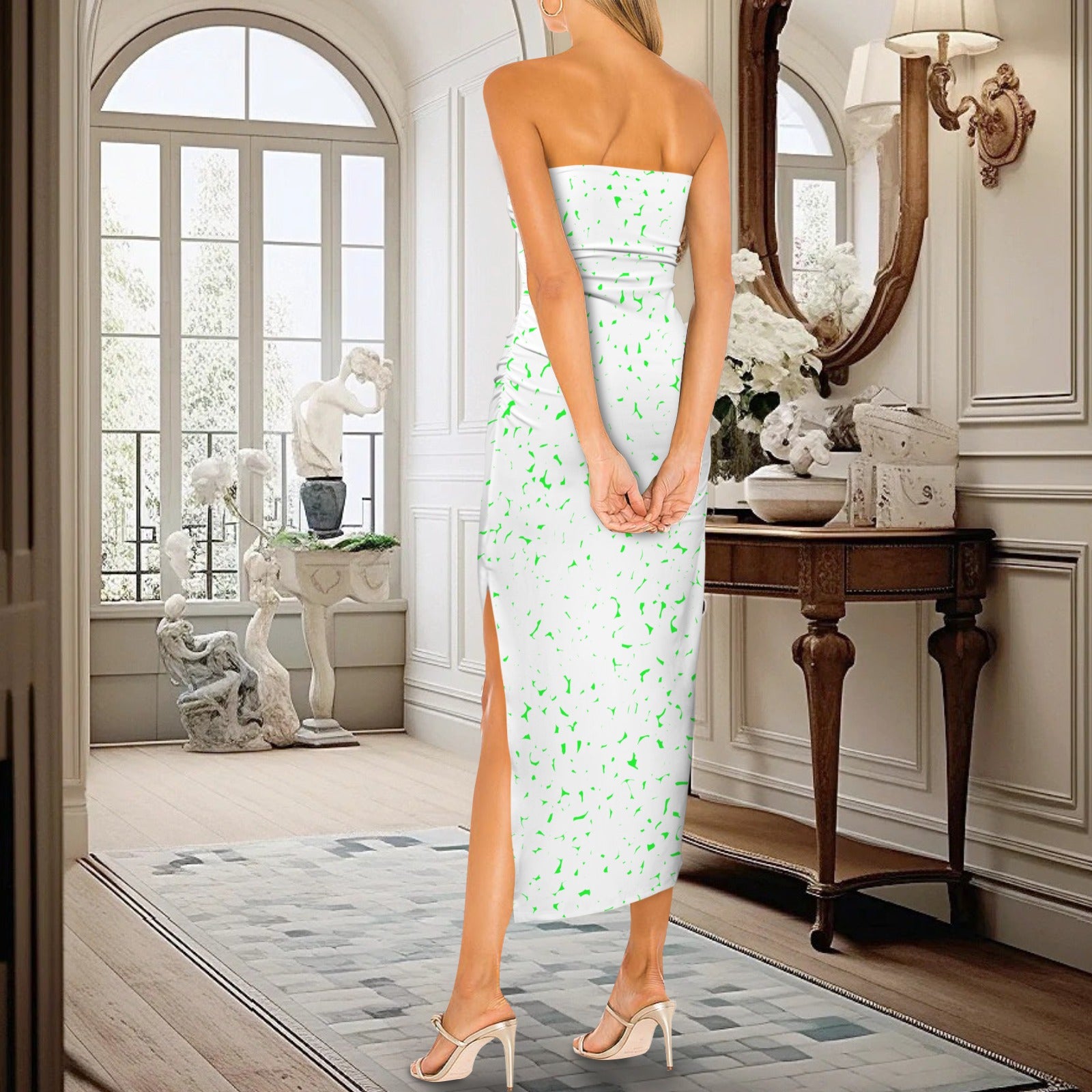 Strapless Side Slit Maxi Slim Fit Dress White & Bright Green Pebble Print