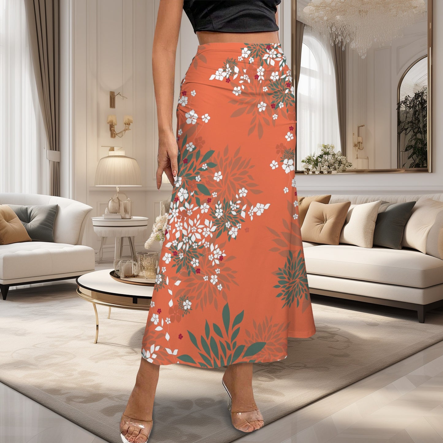 High Waist Pleated Flared Maxi Skirt Orange Blossom Print