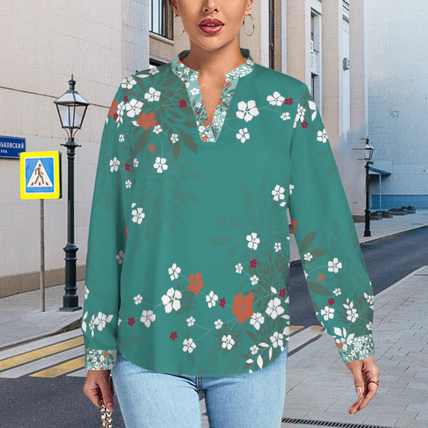 V-Neck Long Sleeve Blouse Blossom Teals