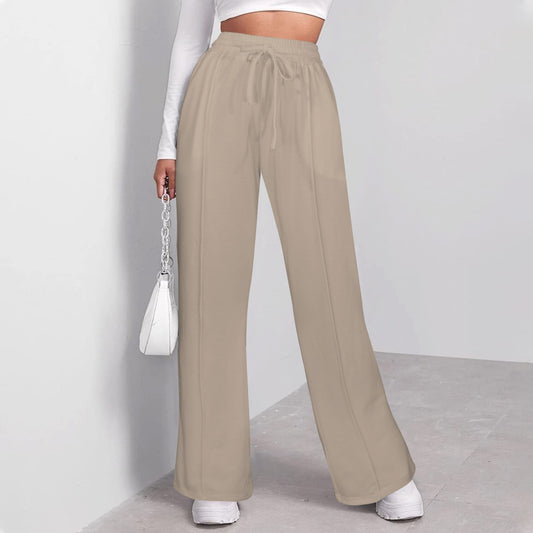 Ladies Drawstring Wide Leg Sweatpants Beige