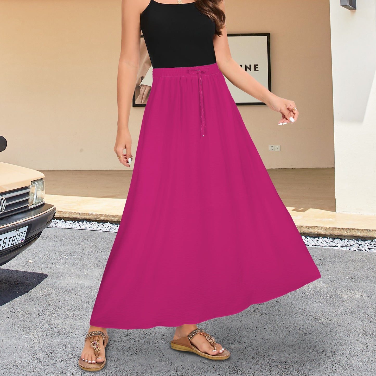 Drawstring Pocket Maxi Skirt Rose