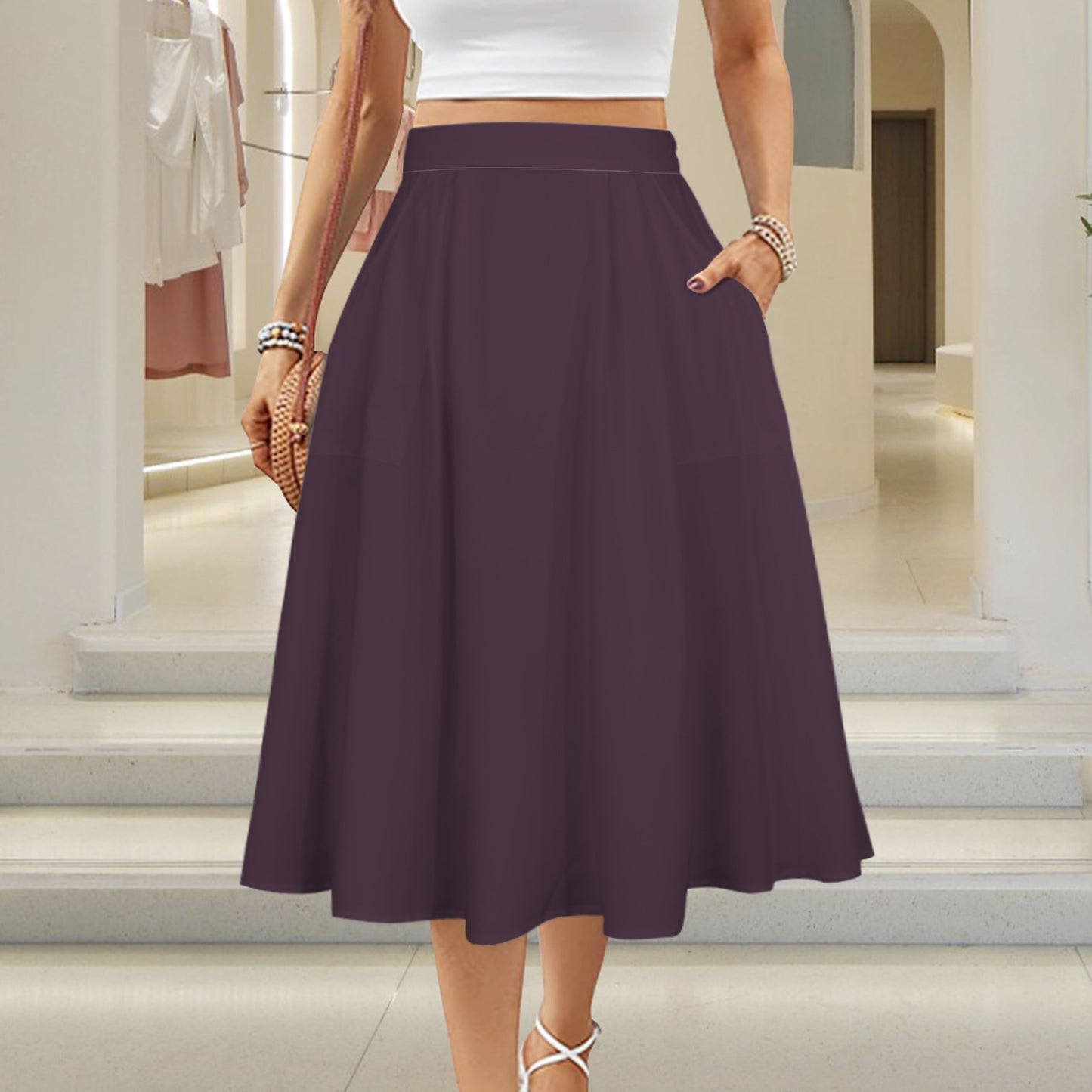 Black Plum Elastic Waist Pocket Full Skirt