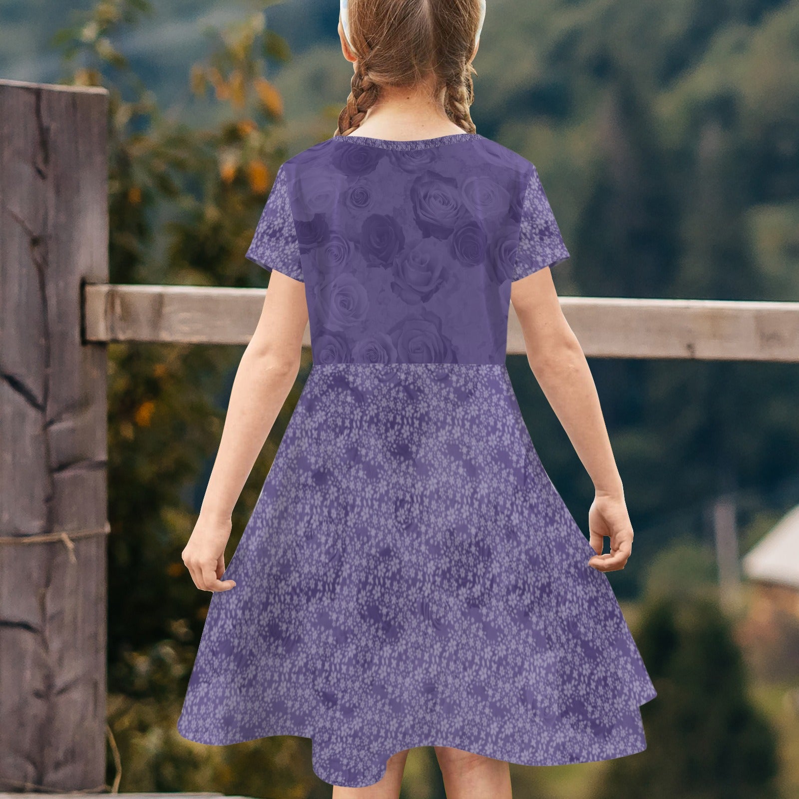 Short Sleeve Flowy Hem Girls Dress Violet Blue Roses Floral