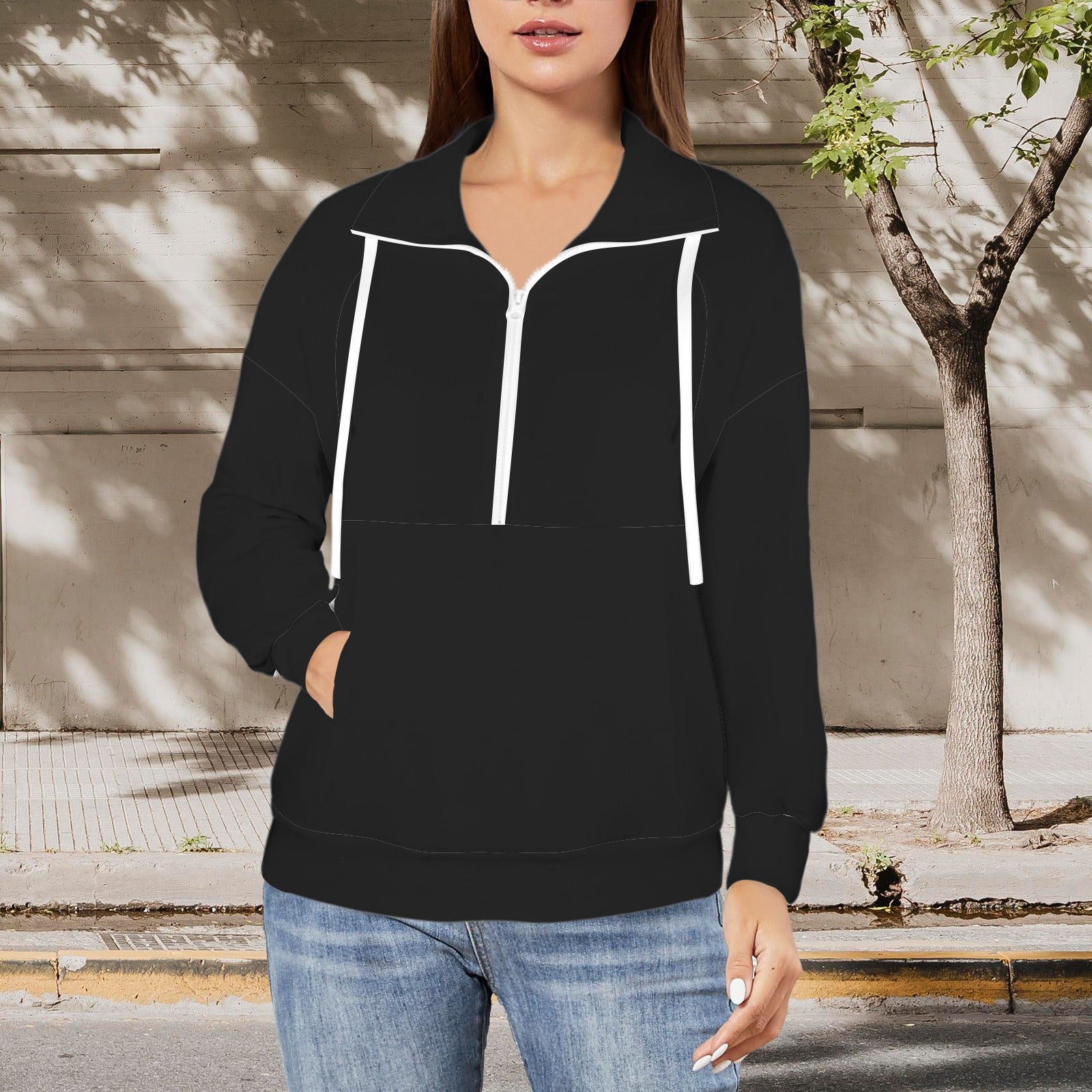 Half Zip Hoodie Pullover Drawstring Sweatshirt Black