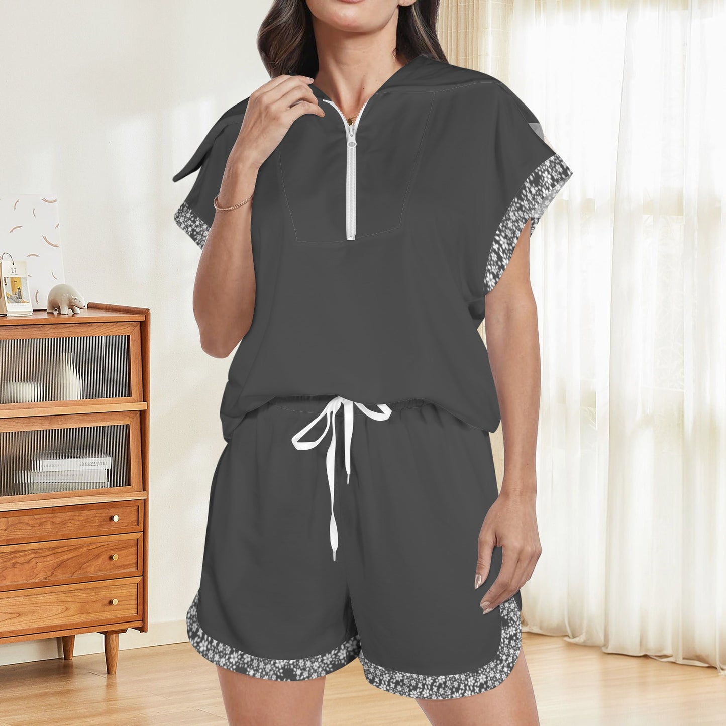 Dark Grey & White Floral Short Sleeve Lapel Half Zip Top & Drawstring Shorts Set