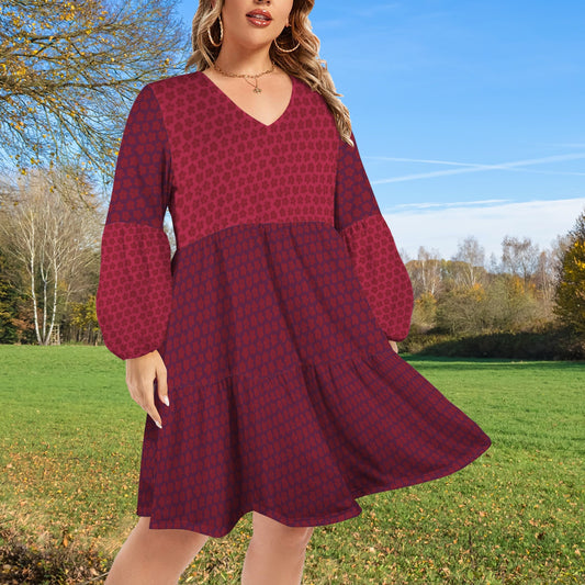 Flower Print Berry Reds Tiered V-Neck Dress with Full Sleeves