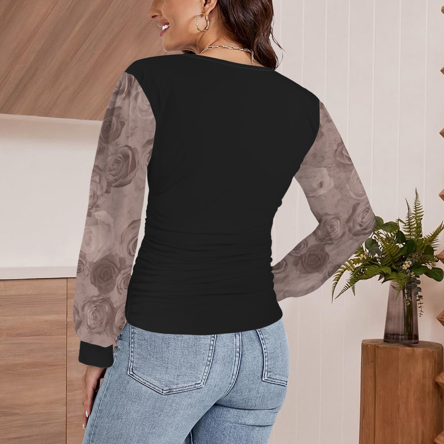 V-Neck Ruched Long Sleeve Blouse Black & Mauvy Taupe Roses Print