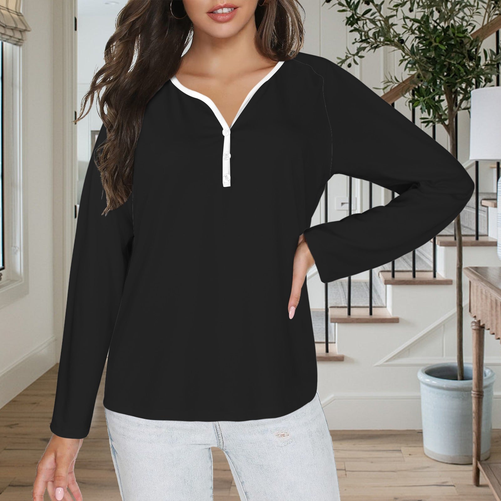 Button V Neck Long Sleeve T-Shirt Top Black