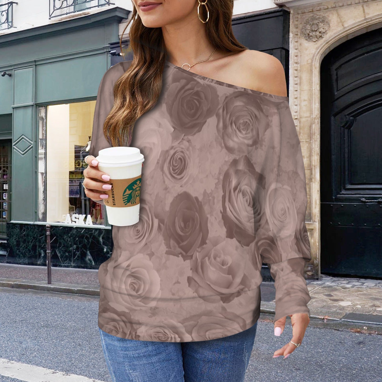 Casual Long Batwing Sleeve Off Shoulder Sweater Pullover Top Roses Neutral