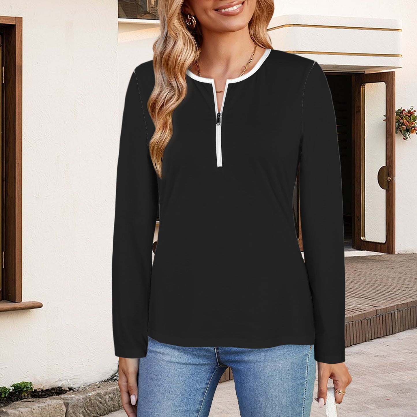 Long Sleeve Zip Front T-Shirt Black