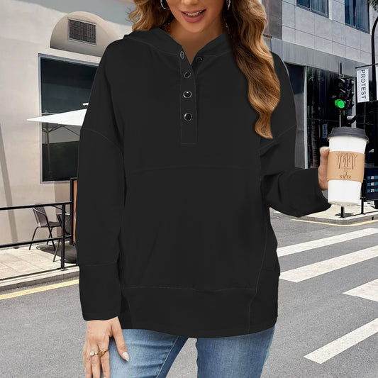 Button V Neck Pocket Hoodies Black