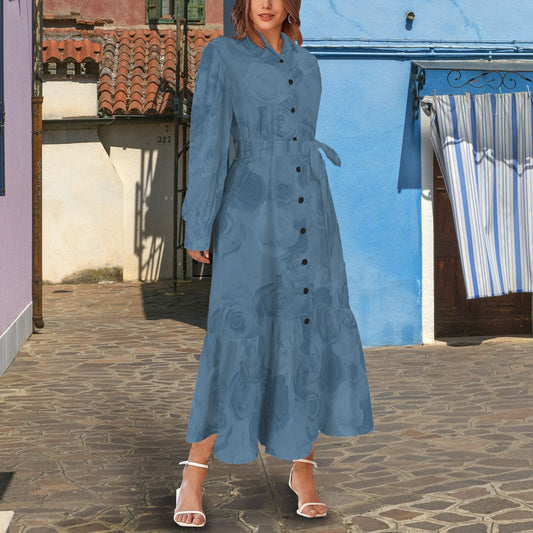 Lapel Lantern Long Sleeve Button Tie Waist Maxi Dress Rose Print Blue