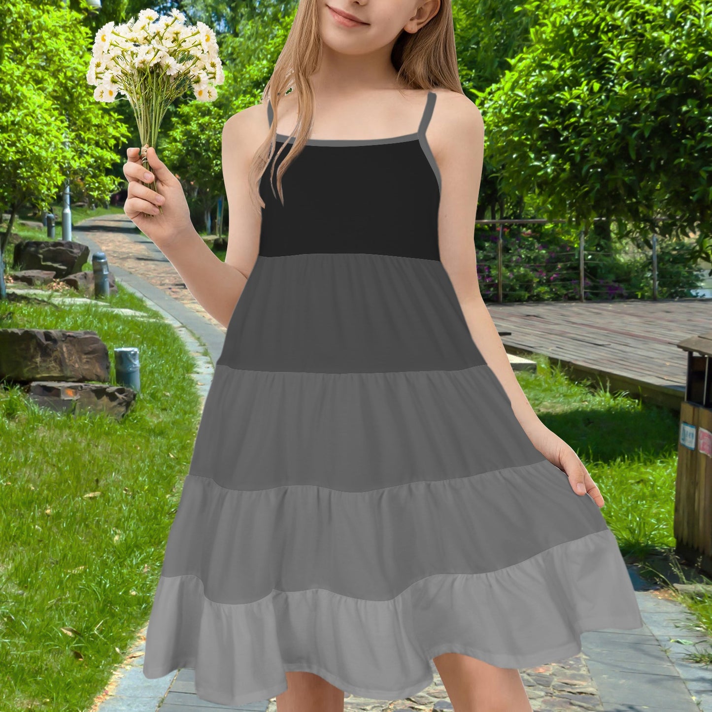 Spaghetti Strap Tiered Girls Dress Black to Grey