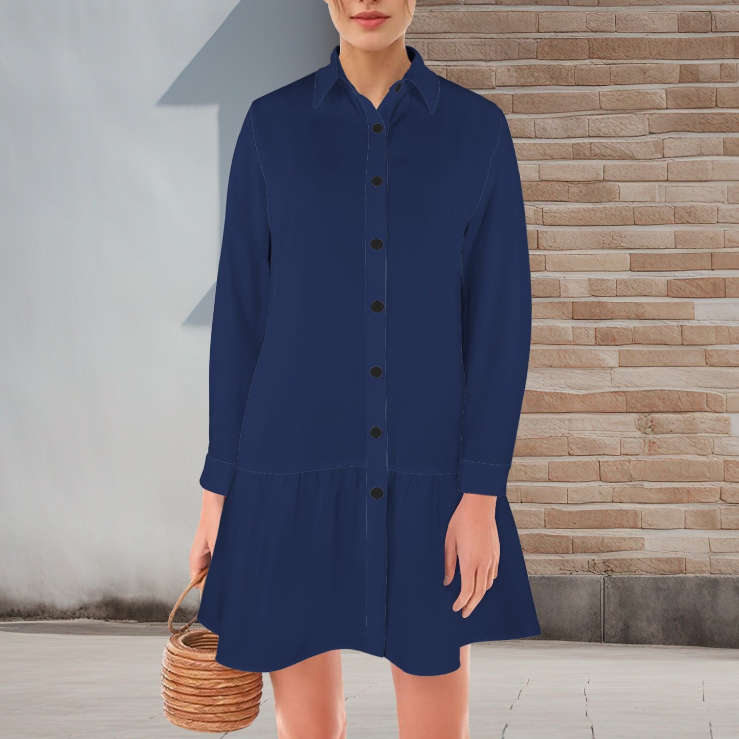 Night Blue Lapel Button Long Sleeve Pleated Shirt Dress