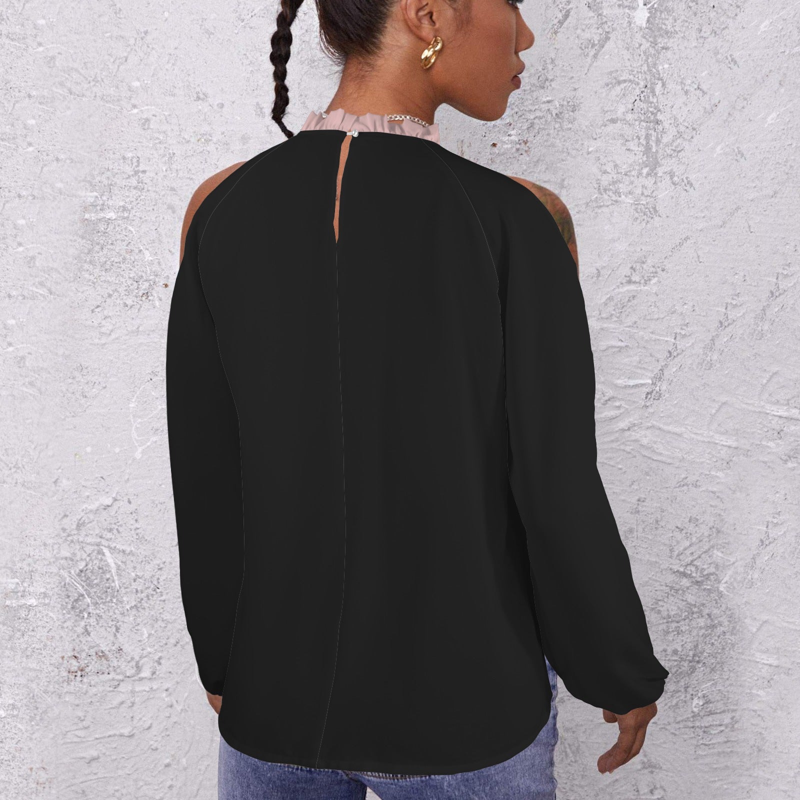 Lotus Leaf Round Neck Long Sleeve Pleated Off Shoulder Blouse Ballet Black