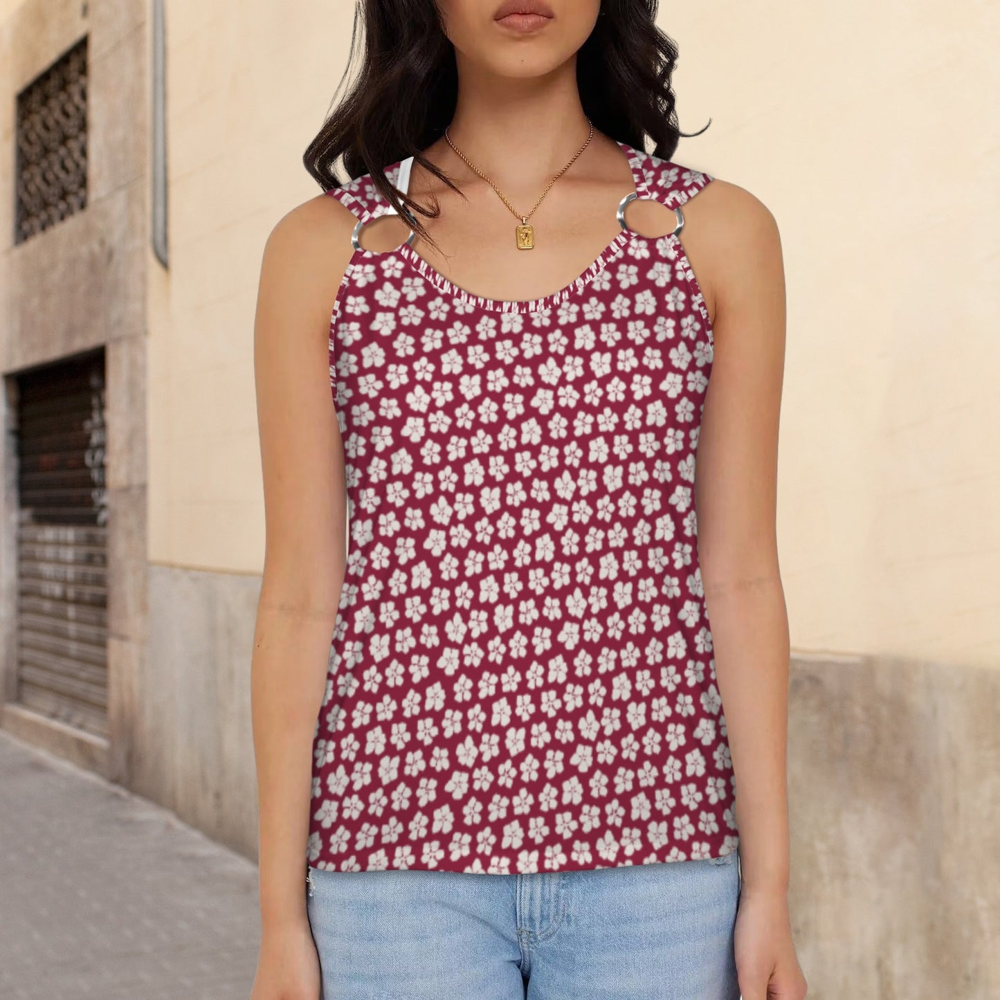 Dark Berry & Beige Flower Print Sleeveless Ring Buckle Tank Top