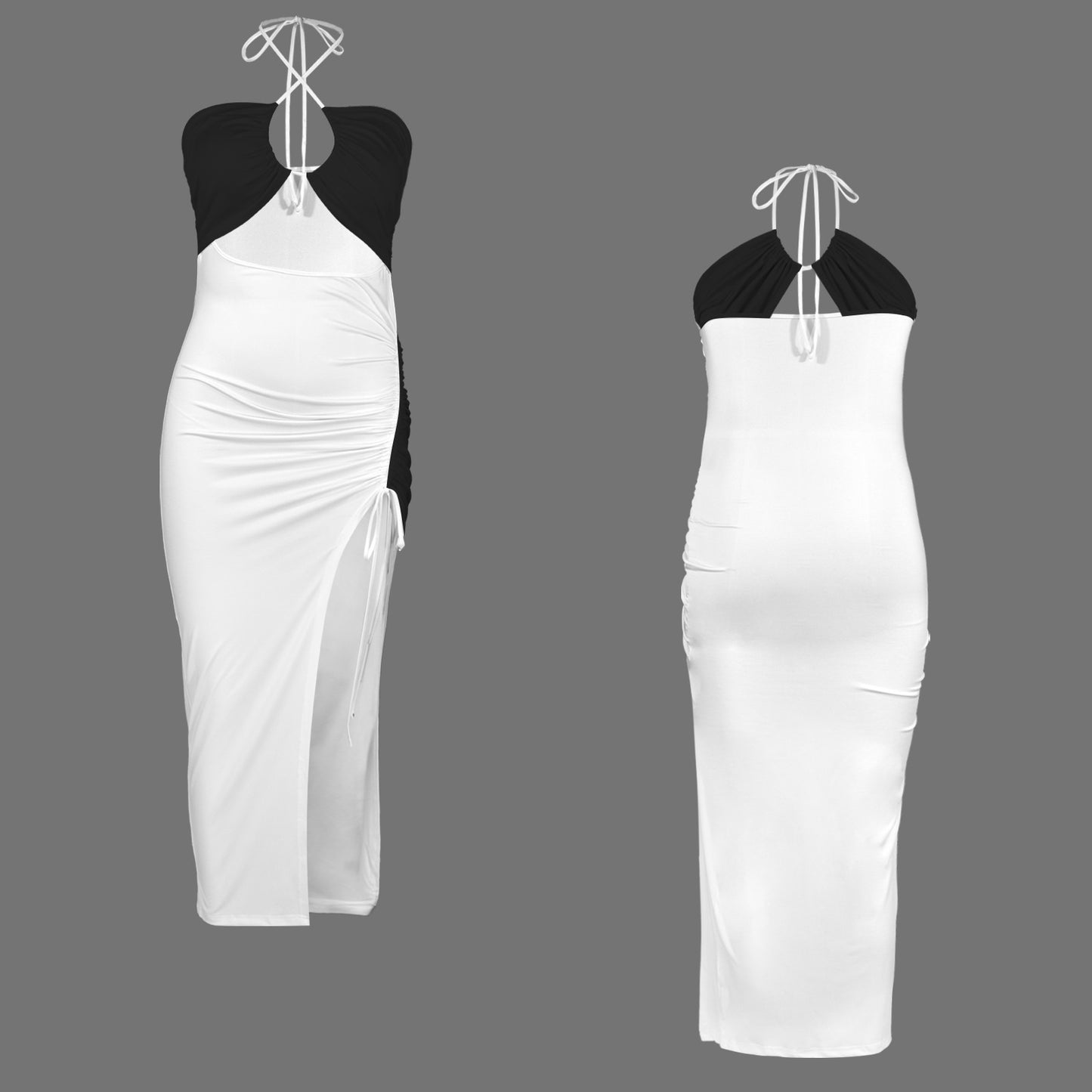 Halter Drawstring Split Slimming Dress Black & White