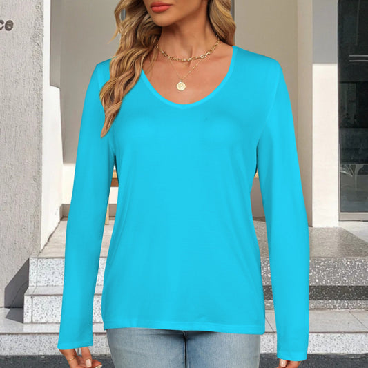 V Neck Long Sleeve Pullover Top Turquoise Bright