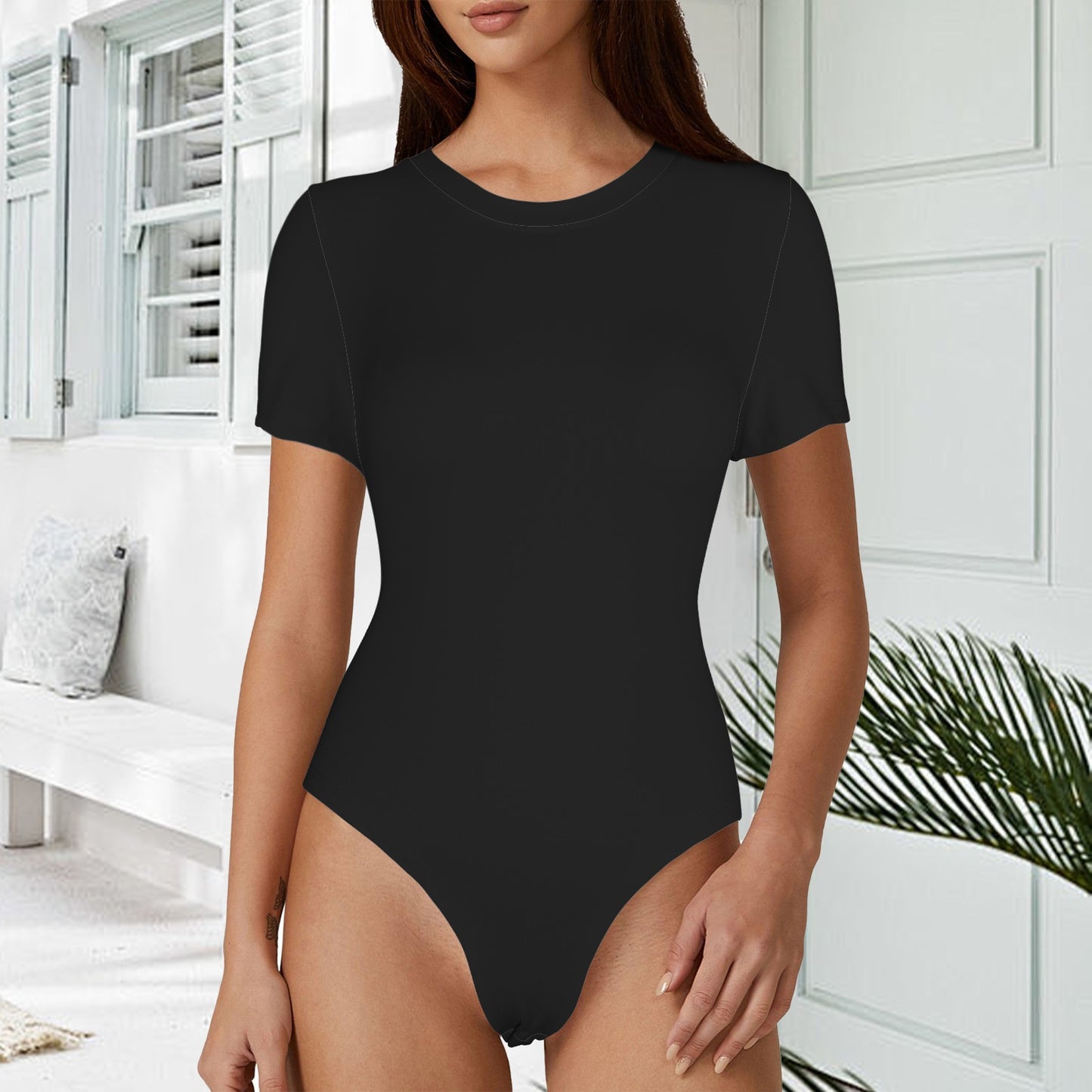 Short Sleeve Round Neck Bodysuit Black