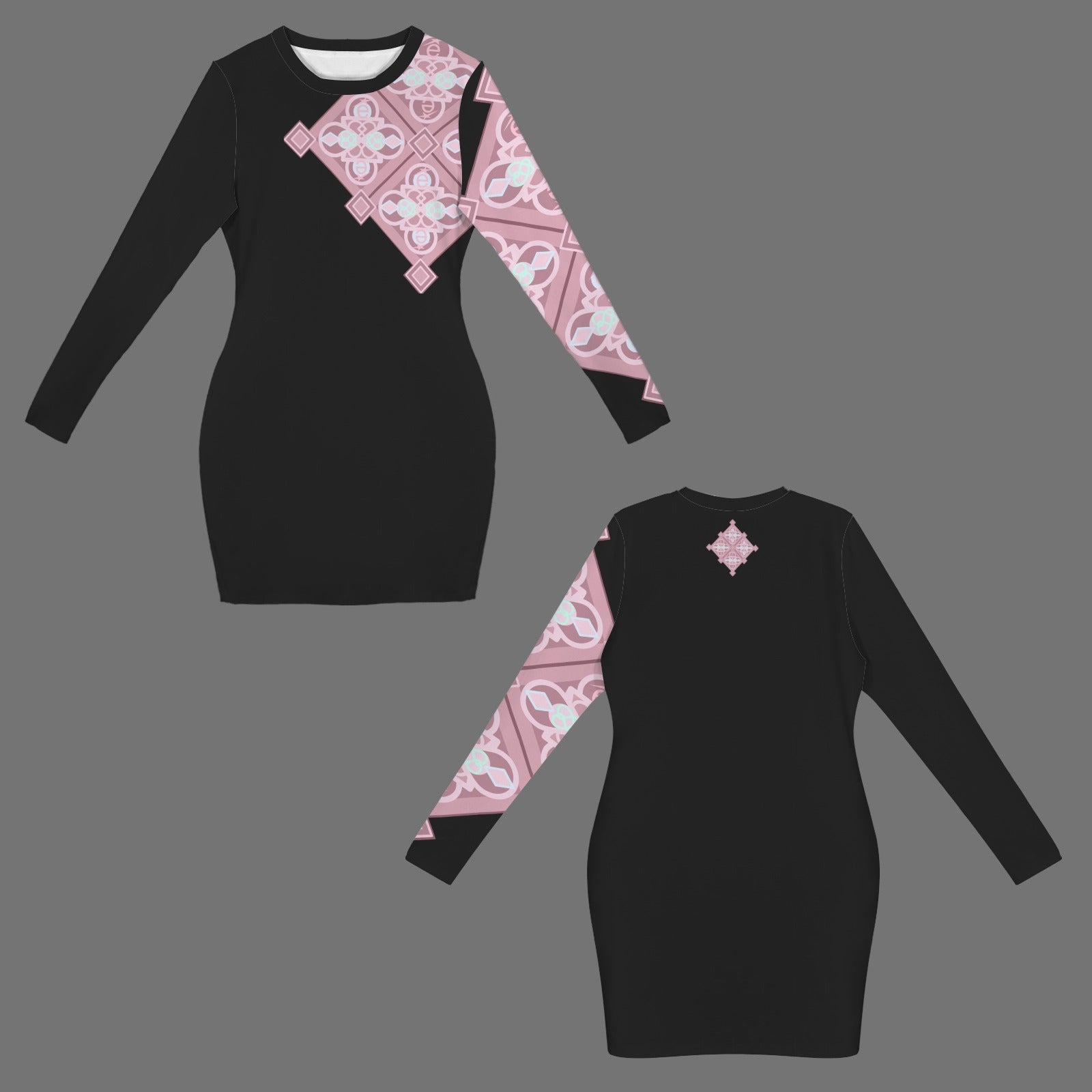 Crew Neck Long Sleeve Bodycon Dress Pink Black é Diamond