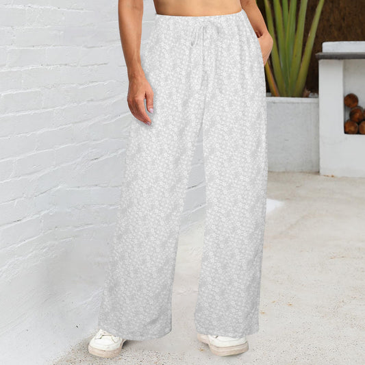 Floral Links Print White & Grey Wide Leg Pants with Pockets