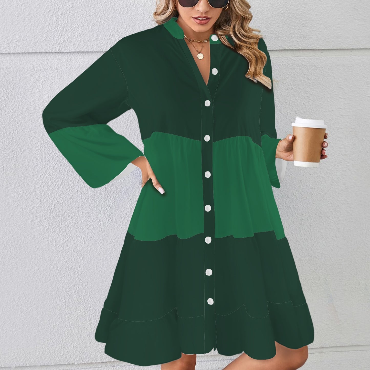 Flared Sleeve Button Tiered Shirt Dress Emerald Forest