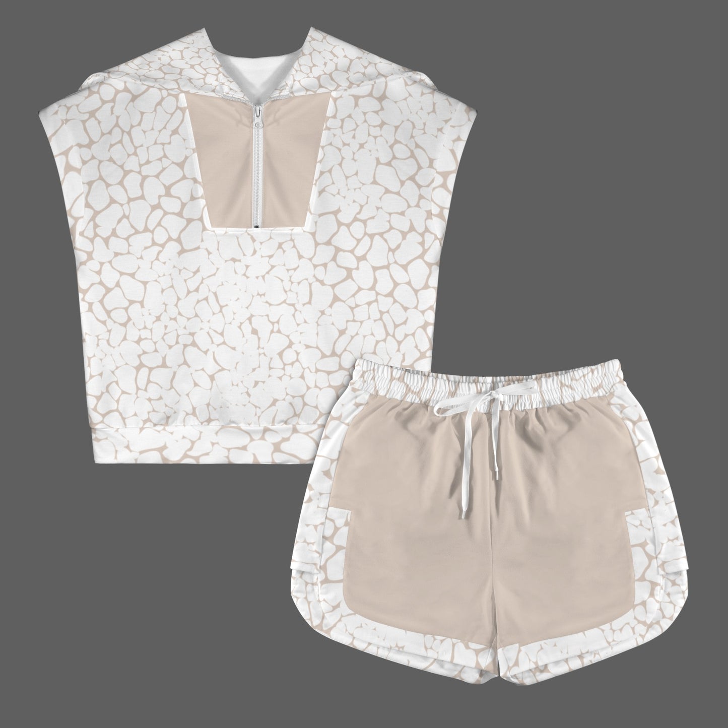 Beige Pebble Texture Short Sleeve Lapel Half Zip Top & Drawstring Shorts Set