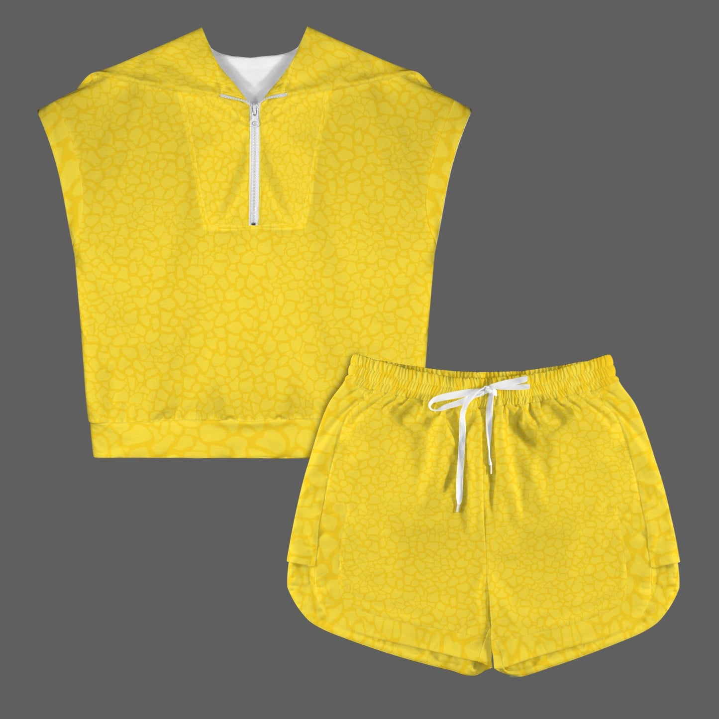 Yellow Petal Print Short Sleeve Lapel Half Zip Top & Drawstring Shorts Set