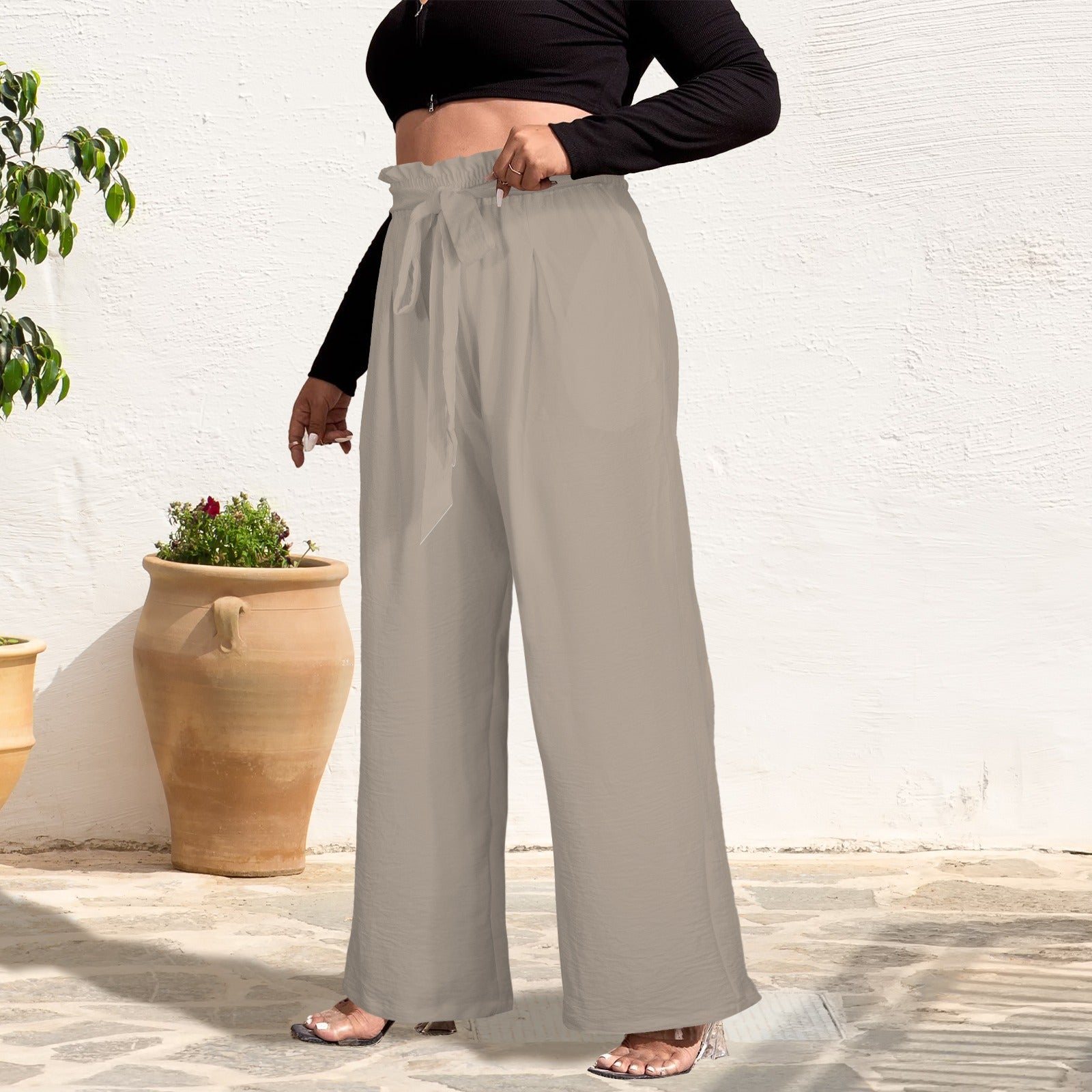 High Waist Pocket Wide Leg Pants Light Mocha