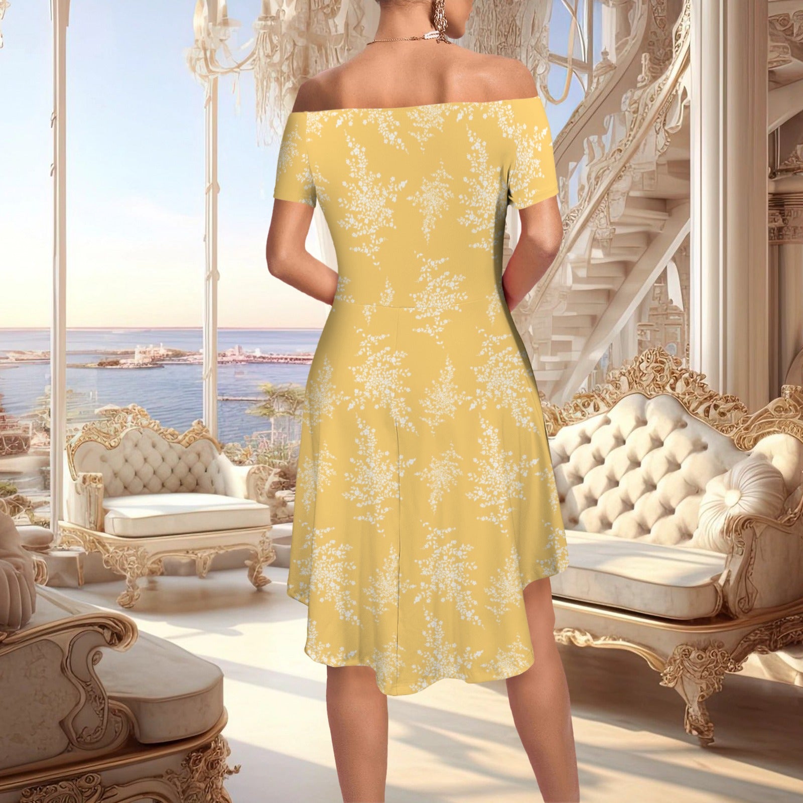 Elegant Off Shoulder High Low Hem Party Dress Yellow White Floral