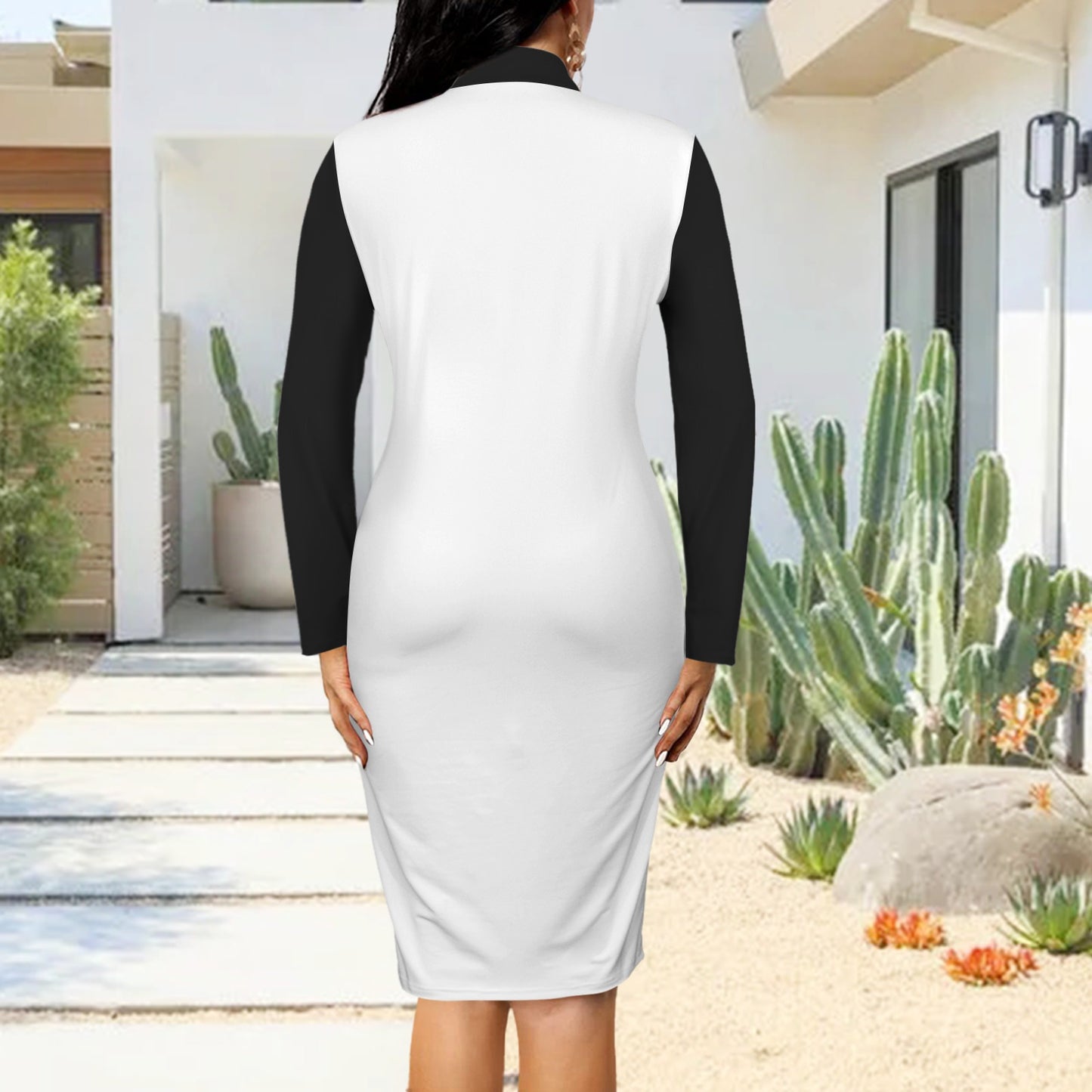 Half Zip Long Sleeve Bodycon Dress White Black