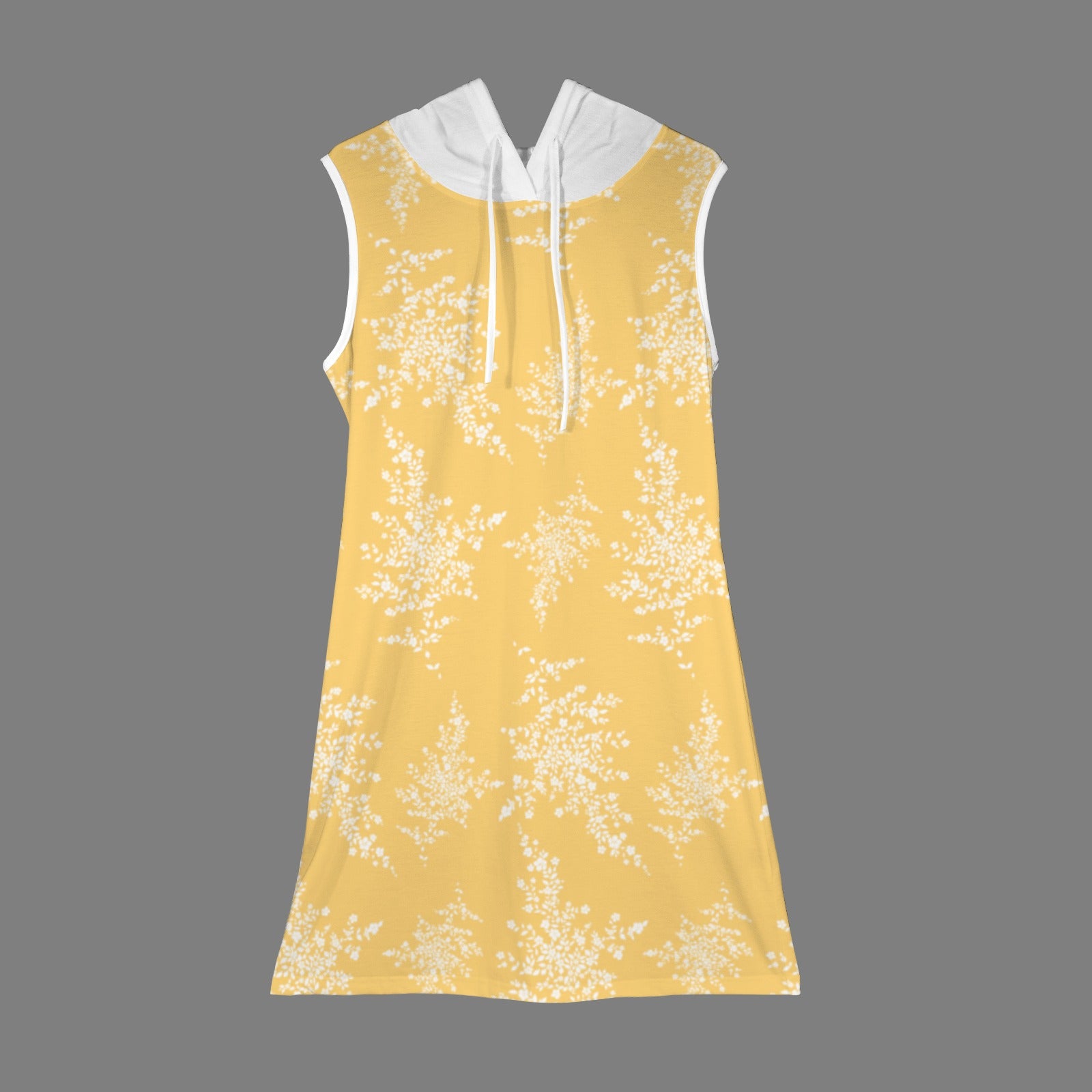 Drawstring Sleeveless Hooded Hoodie Dress Yellow White Floral