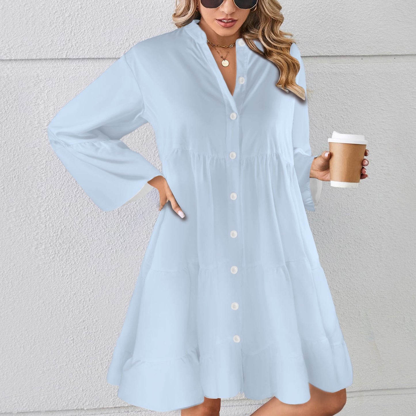 Flared Sleeve Button Tiered Shirt Dress Light Blue