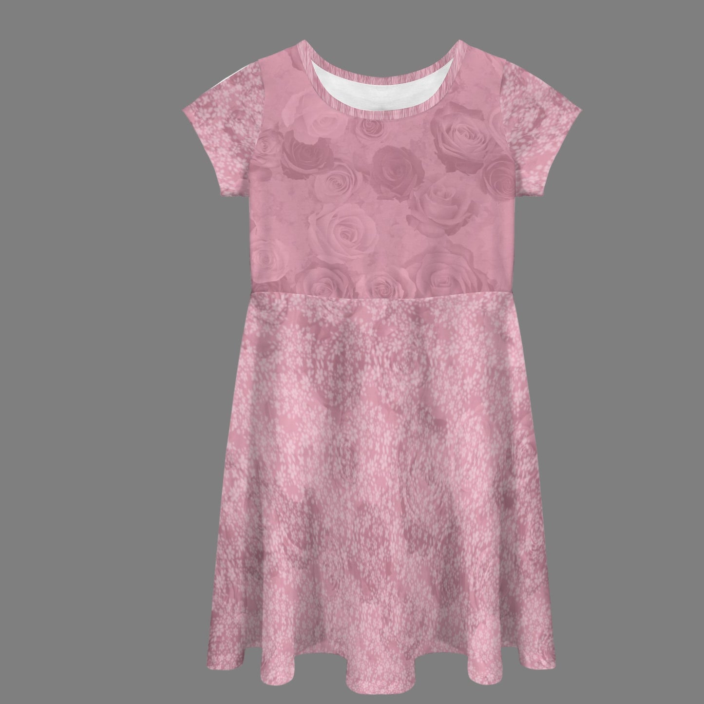 Short Sleeve Flowy Hem Girls Dress Pink Roses Floral